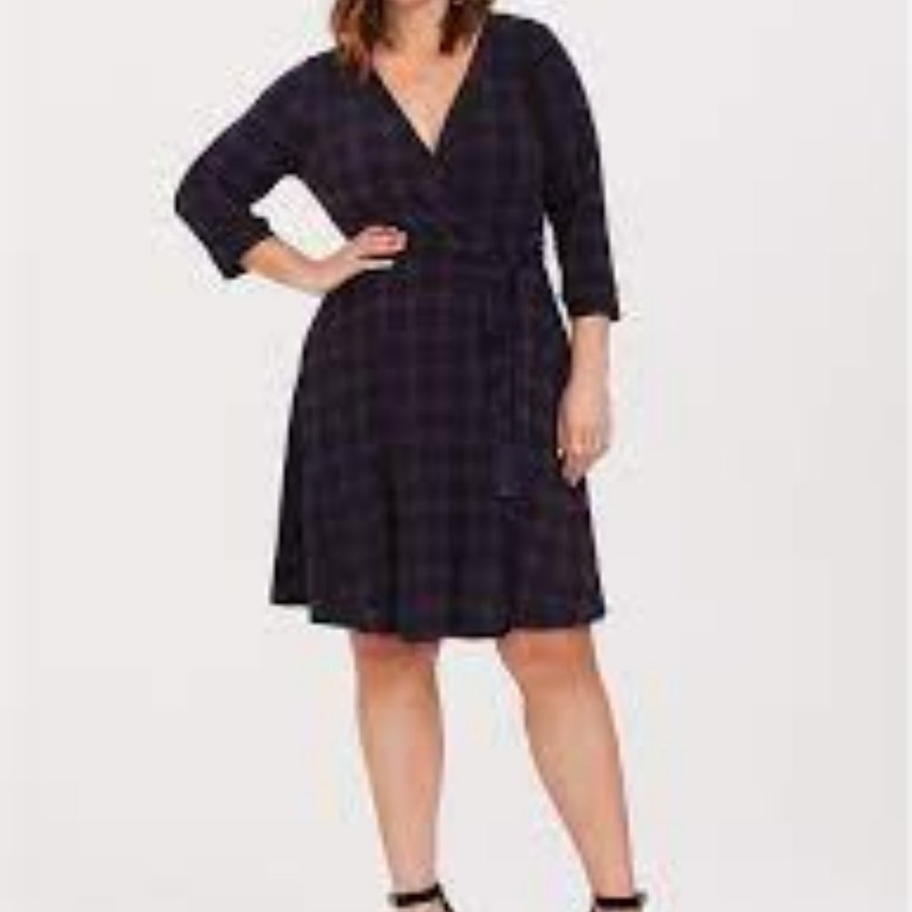 Purple Plaid Studio Knit Wrap Dress